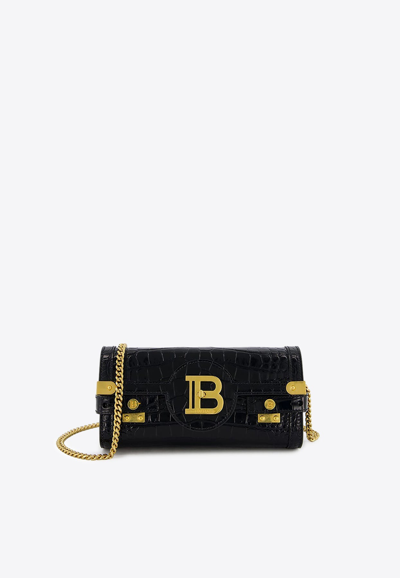 Balmain B-buzz Pouch 23 Croc-embossed Leather Clutch In Black