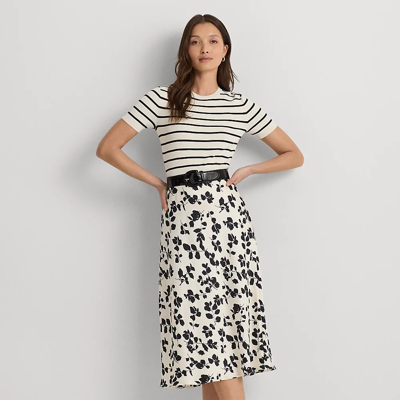 Lauren Petite Leaf-print Satin Charmeuse Midi Skirt In Cream/black