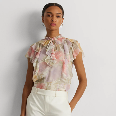 Ralph Lauren Floral Ruffle-trim Georgette Blouse In Cream Multi
