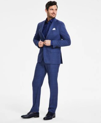 Michael Kors Mens Classic Fit Wool Blend Stretch Suit Separates In Mid Blue Plaid
