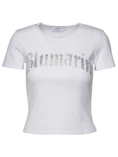 Blumarine Logo Ribbed Cotton Cropped T-shirt In White