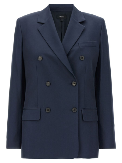 Theory Double-breasted Blazer In Viscose Twill In Blue