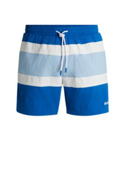 Hugo Boss Quick-dry Swim Shorts With Block Stripes In Blue