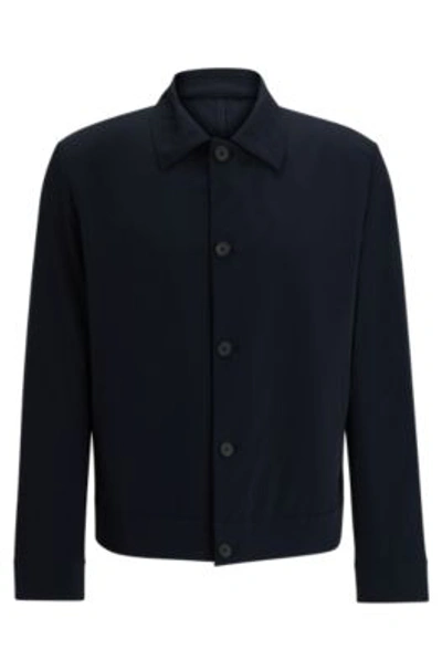 Hugo Slim-fit Jacket In Structured Super-flex Seersucker In Dark Blue