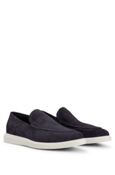 Hugo Boss Suede Loafers With Rubberized Outsole In Dark Blue