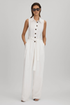 REISS PERLA - WHITE PETITE BELTED WIDE LEG JUMPSUIT, US 2