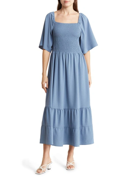 Sandra Darren Smocked Midi Dress In Denim Blue