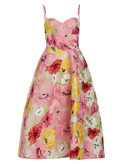 Monique Lhuillier Floral-embroidered Flared Skirt Dress In Raspberry Yellow