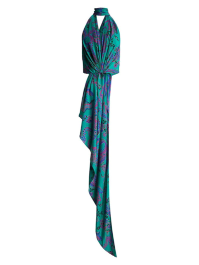 Ralph Lauren Jarvis Paisley-print Plunging Halter Drape Sleeveless Blouse In Blue Multi