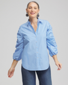 CHICO'S POPLIN STRIPE RUCHED SLEEVE SHIRT IN FRENCH BLUE SIZE 0/2 | CHICO'S