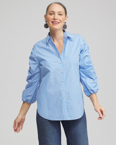Chico's Poplin Stripe Ruched Sleeve Shirt In French Blue Size 0/2 |