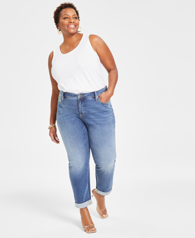 Inc International Concepts Slim Tech Rolled-cuff Boyfriend Jeans, Created For Macy's In Medium Indigo