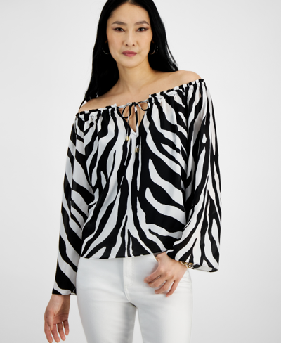 Inc International Concepts Petite Zebra-print Off-the-shoulder Blouse, Created For Macy's In Zebra Deep Black