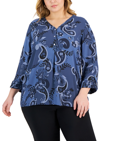 Jm Collection Plus Size Glamorous Garden Utility Top, Created For Macy's In Intrepid Blue Combo