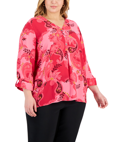 Jm Collection Plus Size Glamorous Garden Utility Top, Created For Macy's In Claret Rose Combo