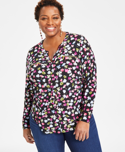 Inc International Concepts Plus Size Printed Zip-detail Top, Created For Macy's In Maddie Ditsy