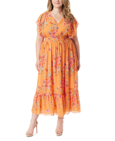Jessica Simpson Trendy Plus Size Althea Angel Maxi Dress In Autumn Sunset - Watercolor Roses