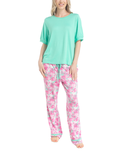 Muk Luks Women's 2-pc. I Heart Lounge Printed Pajamas Set In Green Blur