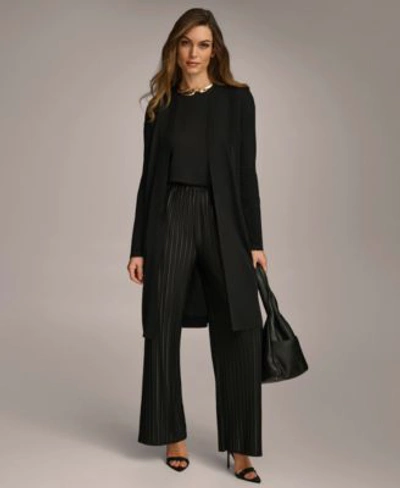 Donna Karan Womens Tie Waist Cardigan Sleeveless Top Pleated Wide Leg Pants In Black
