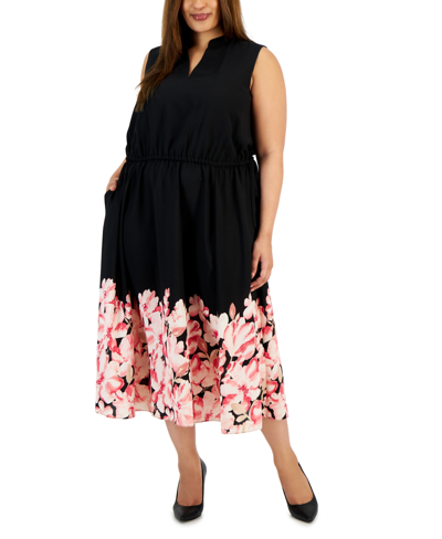Anne Klein Plus Size Jenna Border-hem Elastic-waist Midi Dress In Anne Black,camellia Multi