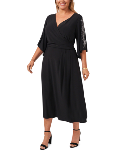 Msk Plus Size Surplice-neck Rhinestone-sleeve Dress In Black