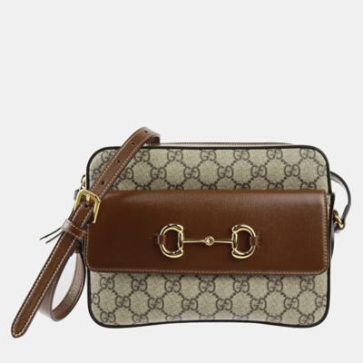 Pre-owned Gucci Gg Supreme 1955 Small Horsebit Shoulder Bag In Brown