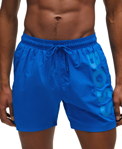 Hugo Boss Boss By  Men's Vertical Logo-print Swim Shorts In Medium Blue