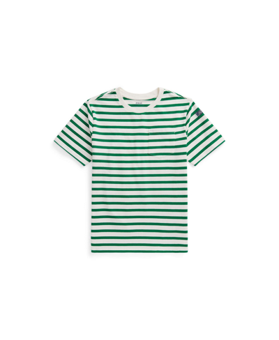 Polo Ralph Lauren Kids' Big Boys Striped Cotton Jersey Pocket T-shirt In Deckwash White,hillside Green