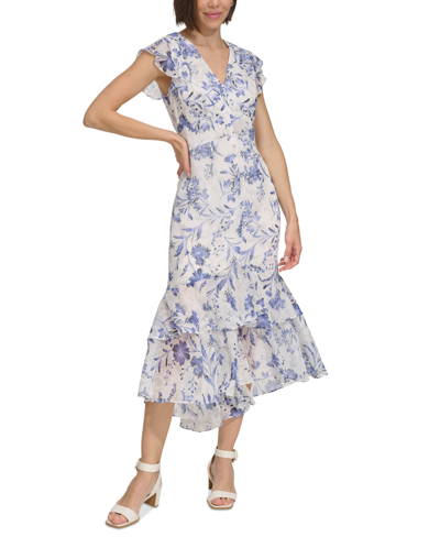 Tommy Hilfiger Women's Floral-print Flutter-sleeve Midi Dress In Ivory Multi