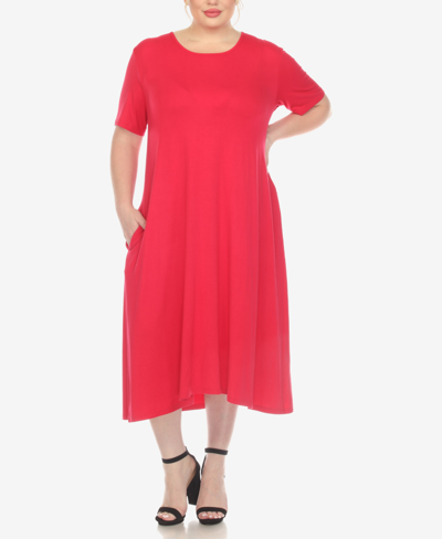 White Mark Plus Size Short Sleeve Pocket Swing Midi Dress In Magenta