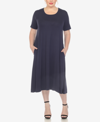 White Mark Plus Size Short Sleeve Pocket Swing Midi Dress In Navy