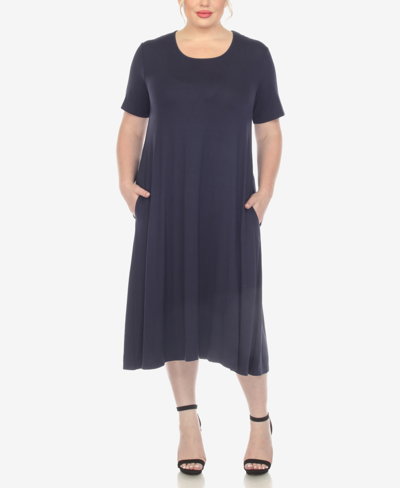 White Mark Plus Size Short Sleeve Pocket Swing Midi Dress In Navy