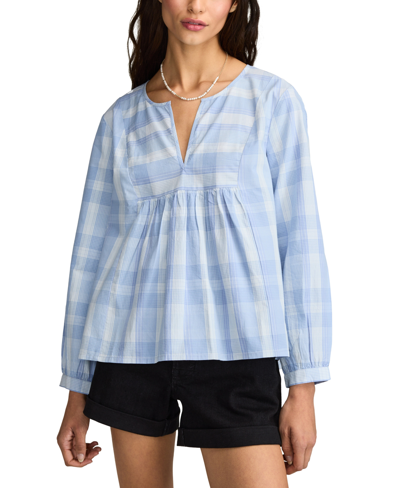 Lucky Brand Women's Cotton Plaid Popover Top In Sky Blue Plaid
