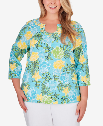 Ruby Rd. Plus Size Embellished Horseshoe Neck Floral Top In Aruba Blue Multi