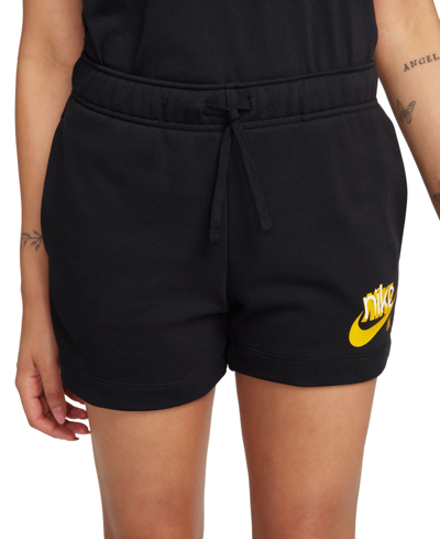Nike Women's Sportswear Club French Terry Graphic Fleece Shorts In Black,university Gold,white