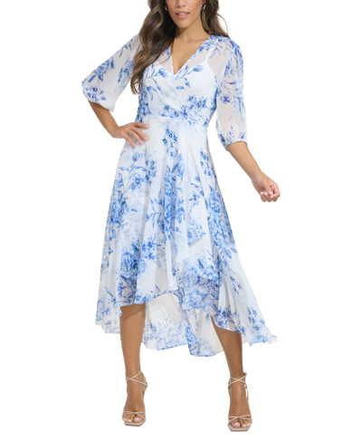 Calvin Klein Plus Size Printed Chiffon Faux-wrap Dress In Blue Multicolor