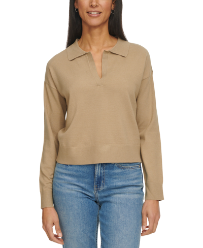 Calvin Klein Jeans Est.1978 Women's Long Sleeve Polo Collar Top In Khaki Green