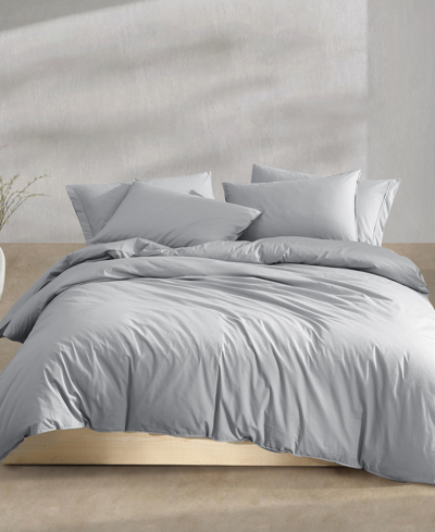 Calvin Klein Washed Percale Cotton Solid 3 Piece Comforter Set, Queen In Gray,blue
