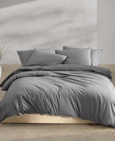 Calvin Klein Washed Percale Cotton Solid 3 Piece Comforter Set, King In Dark Gray