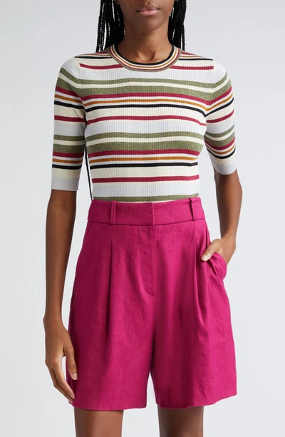 Veronica Beard Kavya Cotton Sweater In Ivory/white/green Multi