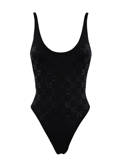 Elisabetta Franchi Rhinestone Logo One-piece Swimsuit In Black