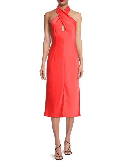 Pre-owned Aidan Mattox Aidan By  L59216 Womens Coral Cross Front Halter Midi Dress Size 6 In Pink