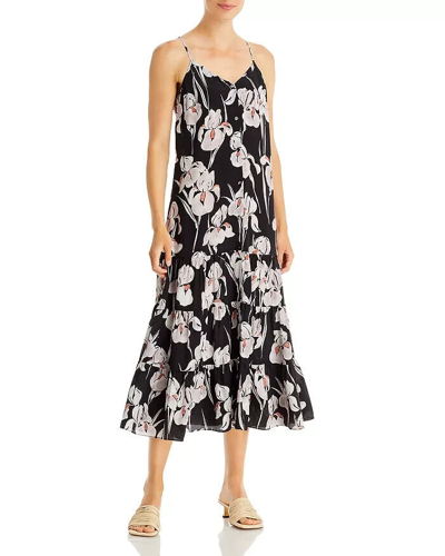 Pre-owned Jason Wu Iris Print Silk Midi Dress Women's 2 Black Multi V-neck Button Closure