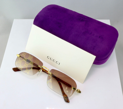 Pre-owned Gucci Gg1221s 004 56mm Square Rimless Sunglasses Gold With Brown Logo Lens