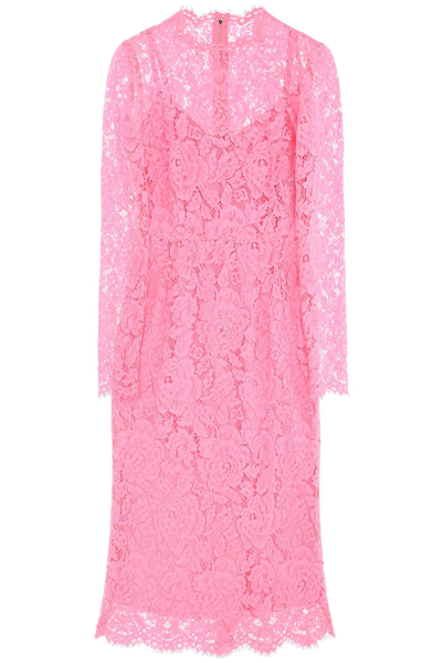 Dolce & Gabbana Floral Lace Long-sleeve Midi Dress In Pink