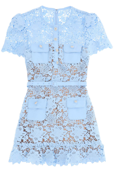 Self-portrait Self Portrait Lace Mini Dress With Diamanté Buttons In Light Blue