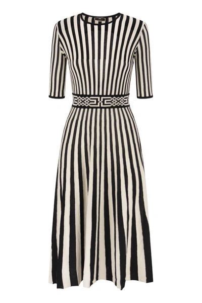 Elisabetta Franchi Midi Dress With Two-tone Pleated Skirt In Black/butter