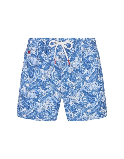Kiton White Swim Shorts With Light Blue Foliage Print