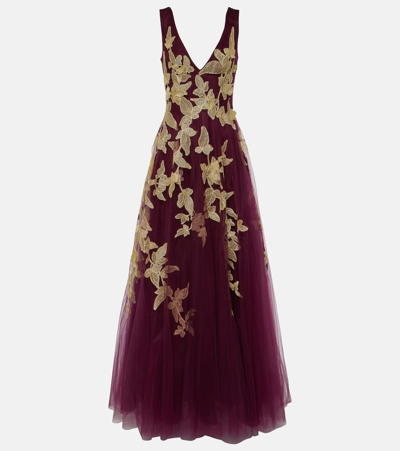 Costarellos Floral Appliqué Tulle Gown In Burgundy 620 With Gold Appl
