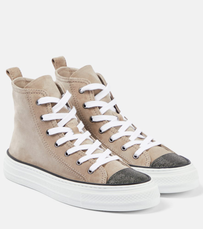 Brunello Cucinelli Monili-embellished High-top Suede Sneakers In Brown Rosato